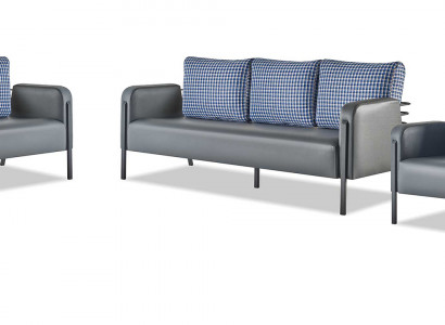 Sofas Polster Edelstahl Ledersofa-Set 3-Sitzer Sessel Grau Blau Textil