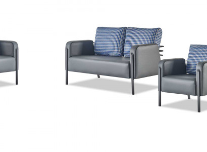 Sofagarnitur Polster Set 3-Sitze Sessel Blau Grau Ledersofas Polster