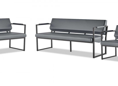 Sofagarnitur Schwarz Modern Ledersofa Sofa-Set 3-Sitzer Sessel Edelstahl