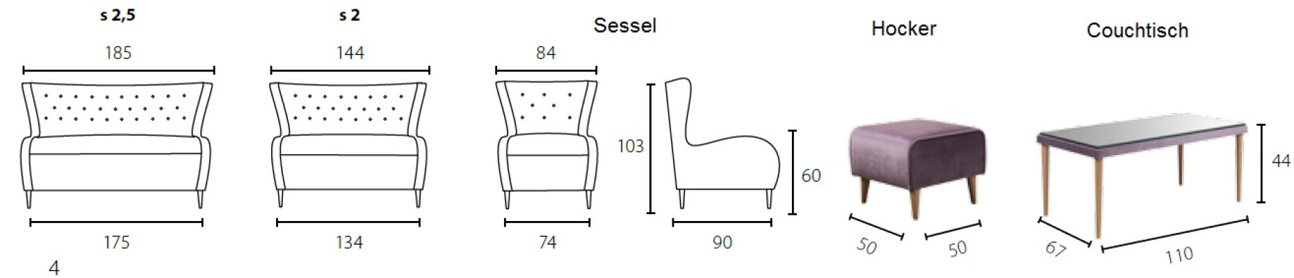 Sofagarnitur 2,50+1+1+Couchtisch Sofa Chesterfield Komplett Set Garnitur Couch