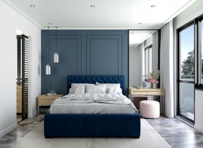 Bett Blau Modern Design Stoff Polster Schlafzimmer Doppelbett Holz Elegantes Neu