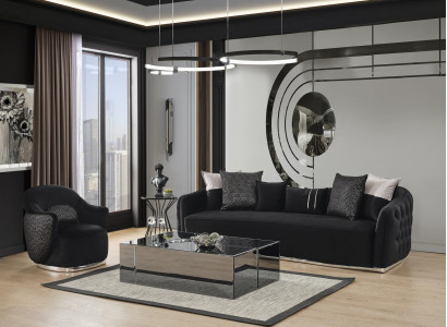 Sofagarnitur Sofa 4 Sitzer Sessel Viersitzer Stoff Schwarz Polyester