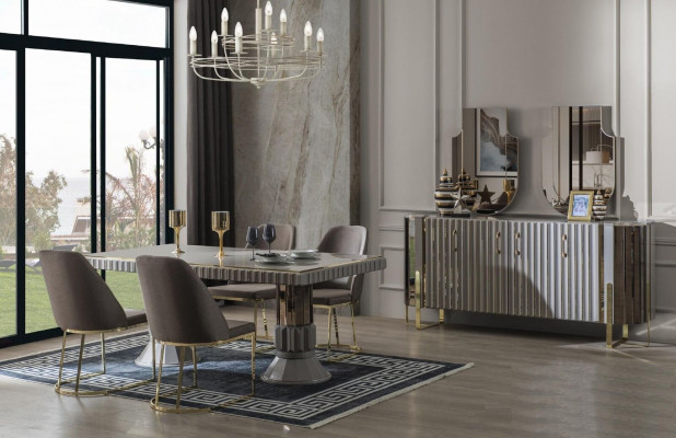 Modern Luxus Essgruppe Esszimmer Esstisch Garnitur Stühle Essecke Grau 5tlg