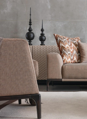Wohnzimmer Sessel Design Couch Luxus Polster Modern Braun Holz Textil