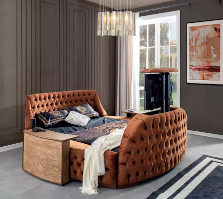 Chesterfield Bett Polster Design Luxus Betten Hotel Braun mit TV Fernseher