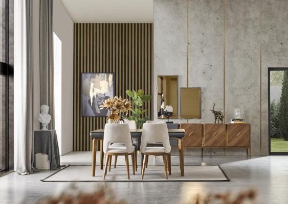 Ein lakonischer, moderner Stuhl mit hohen Beinen aus Holz und Polsterung in einer angenehmen, hellen cremefarbenen Farbe für das Esszimmer