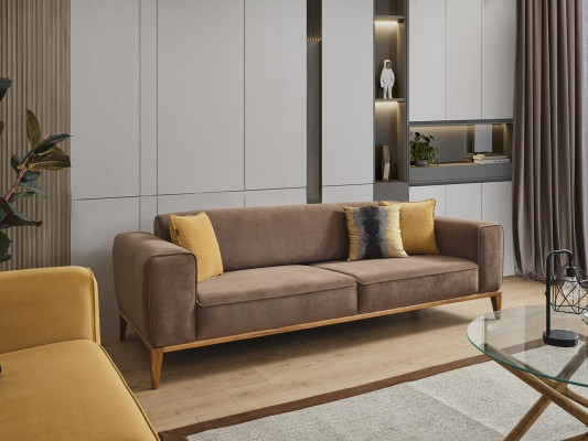 Sofagarnitur Sofa 4 Sitzer Sessel Gelb Stoff Btaun Modern Viersitzer