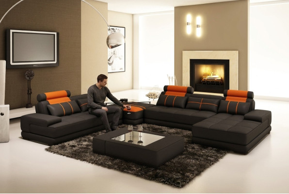 Designer Polster Ledersofa Couch U-Form Modern Sofa Wohnlandschaft
