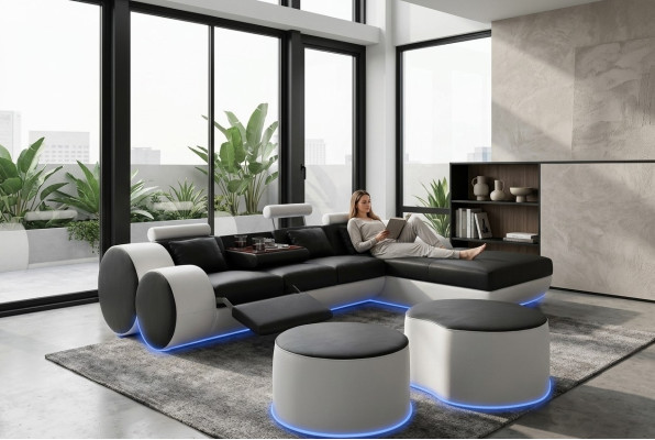 Ledersofa Couch Wohnlandschaft L-Form Design Modern Sofa 3085