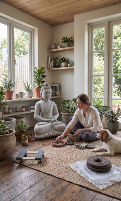 Buddha Skulptur in Steinoptik. Dekorative Große Skulptur für Garten Figur