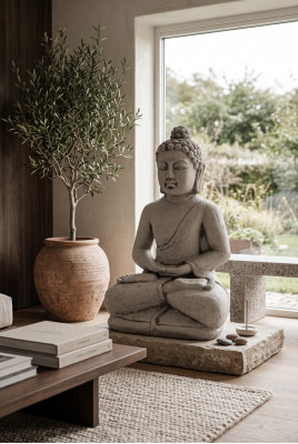 Buddha Skulptur in Steinoptik. Dekorative Große Skulptur für Garten Figur