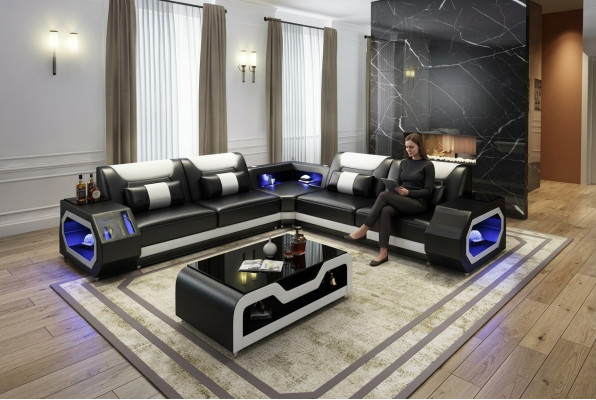 Ledersofa Couch Polster Designersofa Leder Sofas Sofa L-Form USB Soundboxen Neu