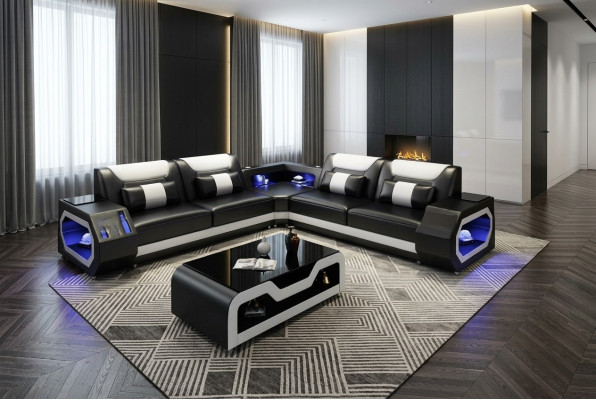 Ledersofa Couch Polster Designersofa Leder Sofas Sofa L-Form USB Soundboxen Neu