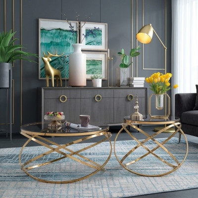 Designer Metall Edelstahl Couch Kunstmarmor Tisch + Beistell Tische Sofa 2 tlg.
