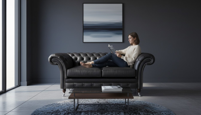 2 Sitzer Couch Polster Sofa Textil Stoff Chesterfield Couchen Garnitur Schwarz