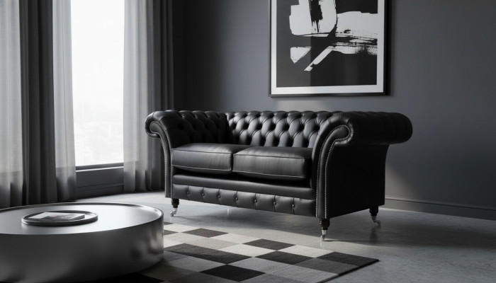 2 Sitzer Couch Polster Sofa Textil Stoff Chesterfield Couchen Garnitur Schwarz