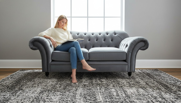 2 Sitzer Couch Polster Sofa Textil Stoff Chesterfield Couchen Garnitur Grau -Neu
