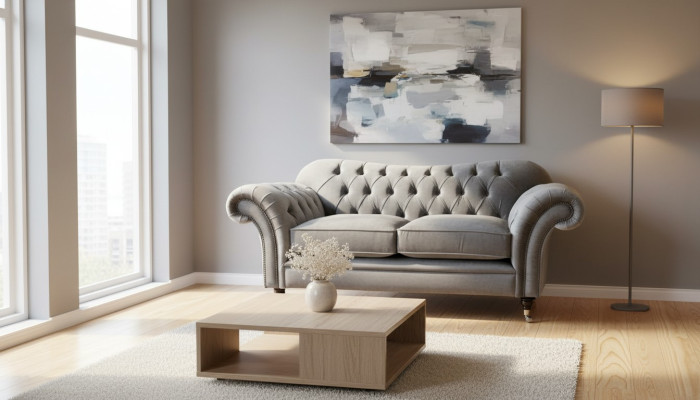2 Sitzer Couch Polster Sofa Textil Stoff Chesterfield Couchen Garnitur Grau -Neu