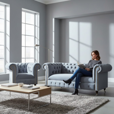 3+2+1 Sofagarnitur Chesterfield Polster Sofa Sofas Couchen Couch Leder Grau Neu