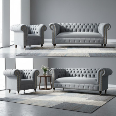 3+2+1 Sofagarnitur Chesterfield Polster Sofa Sofas Couchen Couch Leder Grau Neu