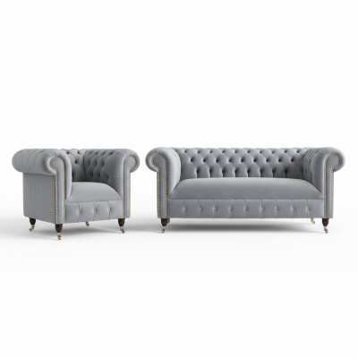 3+2+1 Sofagarnitur Chesterfield Polster Sofa Sofas Couchen Couch Leder Grau Neu