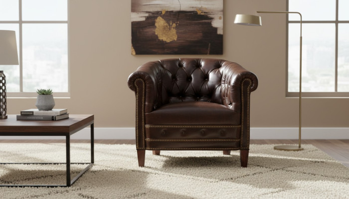 Designer Sessel 1 Sitzer Braun Leder Textil Luxus Club Lougne Sofa Chesterfield