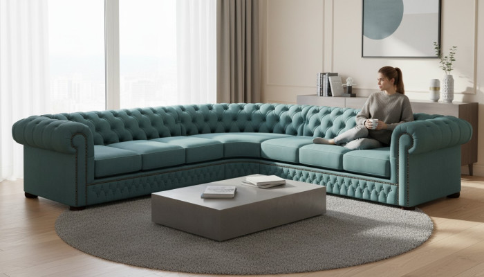 Ecksofa Ledersofa Blau Sofa Polster Eck Couch Garnitur Sitz Design Chesterfield