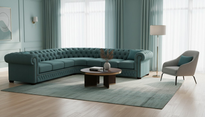 Ecksofa Ledersofa Blau Sofa Polster Eck Couch Garnitur Sitz Design Chesterfield