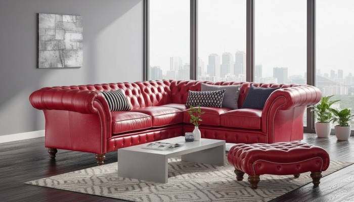 Ecksofa Ledersofa Rot Polster Eck Couch Garnitur Sitz Design Chesterfield