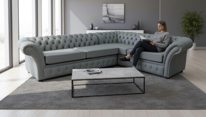 Ecksofa Graue Chesterfield Leder Sofa Couchen Polster Sitz Eck Garnitur Sofas