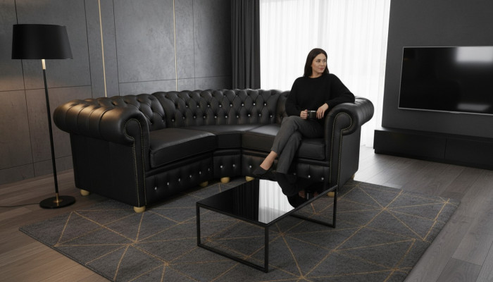 Ecksofa Ledersofa Schwarz Polster Eck Couch Garnitur Sitz Design Chesterfield