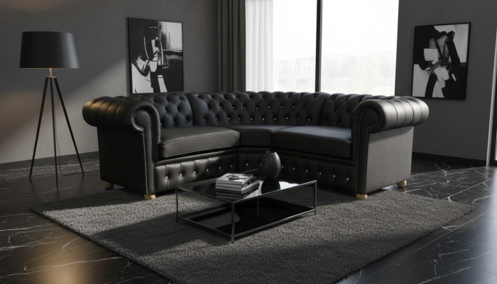 Ecksofa Ledersofa Schwarz Polster Eck Couch Garnitur Sitz Design Chesterfield