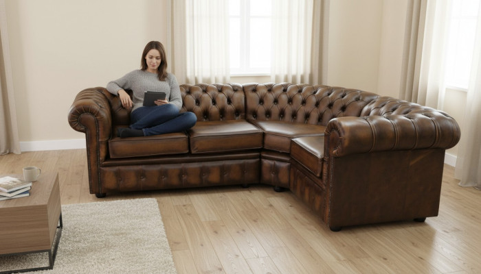 Ecksofa Ledersofa Braun Polster Eck Couch Garnitur Sitz Design Chesterfield