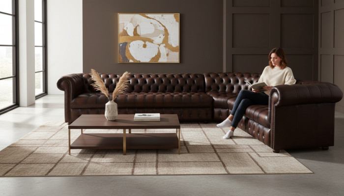 Ecksofa Ledersofa Dunkelbraun Polster Eck Couch New Garnitur Design Chesterfield