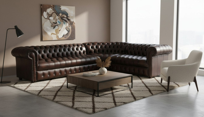 Ecksofa Ledersofa Dunkelbraun Polster Eck Couch New Garnitur Design Chesterfield