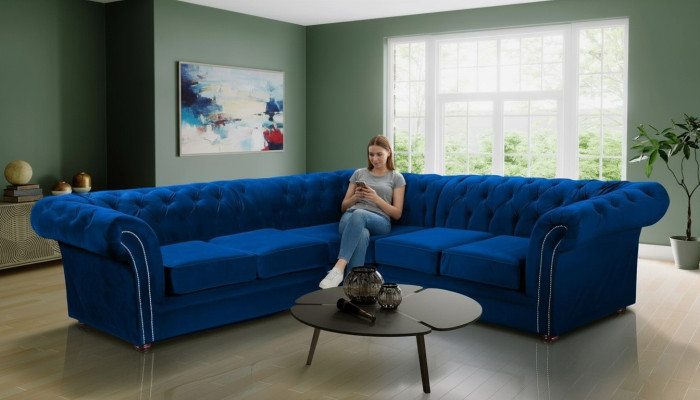 Blaue Chesterfield Wohnzimmer Couch Textil Stoff Sofa Couchen Polster Ecksofa