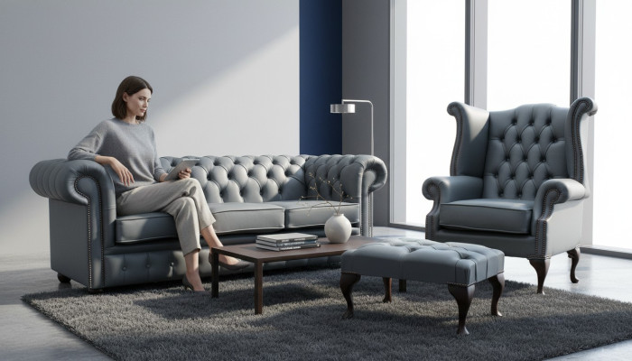 3 Sitzer Couch Ledersofa Chesterfiield + Ohrensessel Hocker 3 tlg. Sofagarnitur