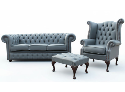 3 Sitzer Couch Ledersofa Chesterfiield + Ohrensessel Hocker 3 tlg. Sofagarnitur