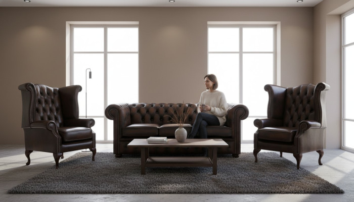 3 tlg. Sofagarnitur 3 Sitzer Couch Ledersofa Chesterfiield + 2x Ohrensessel Neu