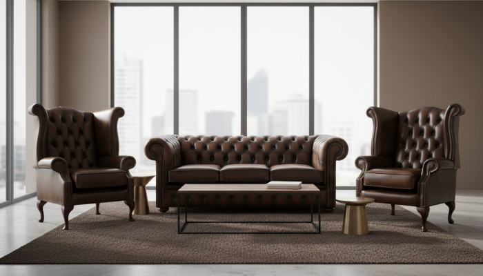 3 tlg. Sofagarnitur 3 Sitzer Couch Ledersofa Chesterfiield + 2x Ohrensessel Neu