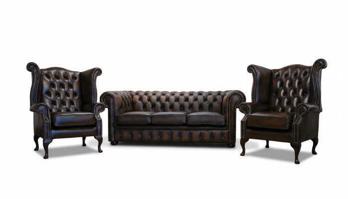 3 tlg. Sofagarnitur 3 Sitzer Couch Ledersofa Chesterfiield + 2x Ohrensessel Neu