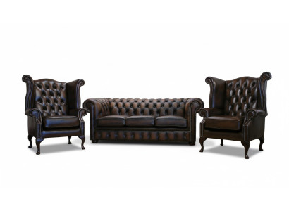 3 tlg. Sofagarnitur 3 Sitzer Couch Ledersofa Chesterfiield + 2x Ohrensessel Neu