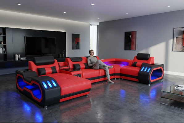 Ledersofa Couch Wohnlandschaft Eck Garnitur Design Modern Sofa U-Form Sofa Rot