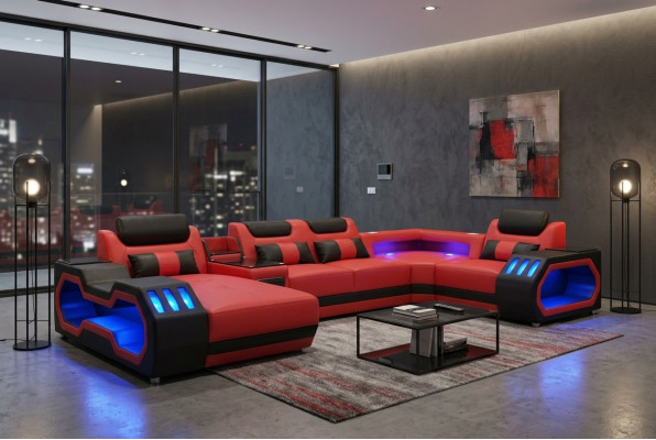 Ledersofa Couch Wohnlandschaft Eck Garnitur Design Modern Sofa U-Form Sofa Rot