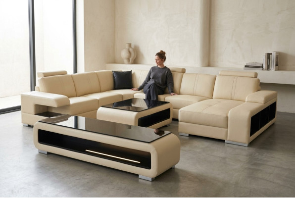 Ledersofa Wohnlandschaft Garnitur Design Modern Ecke Sofa U-Form Tisch RTV G8028