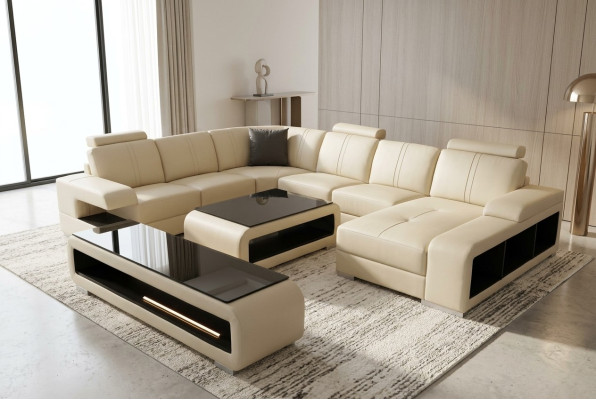 Ledersofa Wohnlandschaft Garnitur Design Modern Ecke Sofa U-Form Tisch RTV G8028