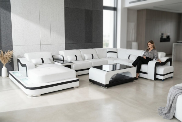 Leder Couch Polster Sitz Wohnlandschaft Design Modern Eck Garnitur U Form + Tisch