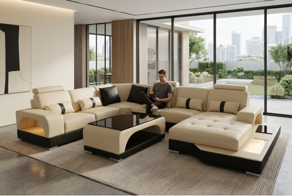 Leder Sofa Moderne Couch Polster Design Wohnlandschaft + Tisch Eck Couchen Sitz