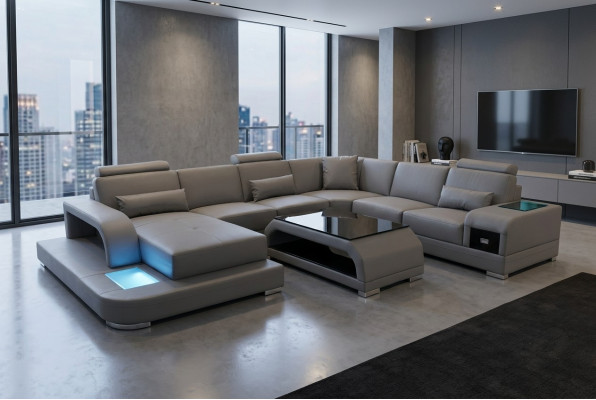 Ledersofa Wohnlandschaft Garnitur Design Modern Ecksofa Sofa U-Form G8013+Tisch