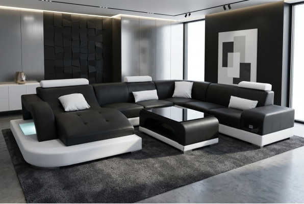 Leder Sofa Moderne Sitz Couch Polster Design Eck Wohnlandschaft + Tisch Couchen